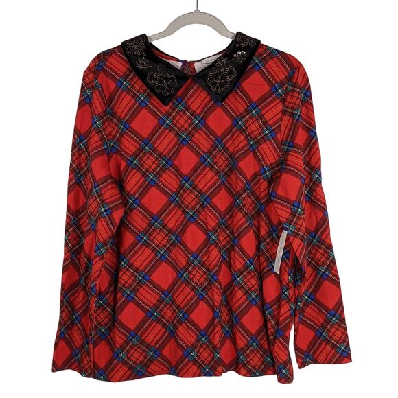 Charter‎ Club Plaid Top Velvet Collar Embroidery Sequins Blouse Red M Holiday - Picture 1 of 10